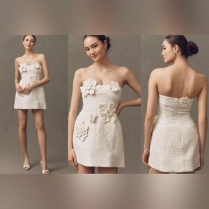 LEO LIN Snow Rosario Strapless Floral Appliqué Tweed Mini Dress Sz 2 NWT